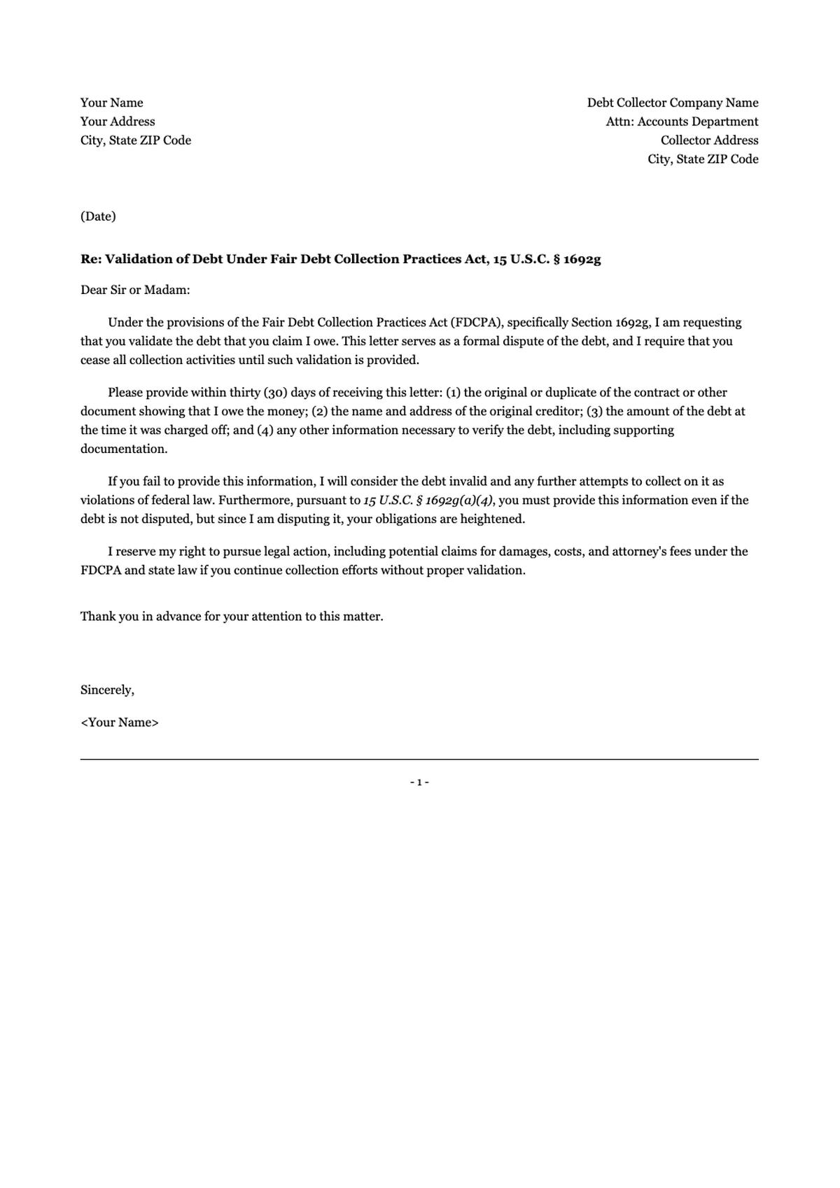 FDPCA debt verification request letter template_variant_2